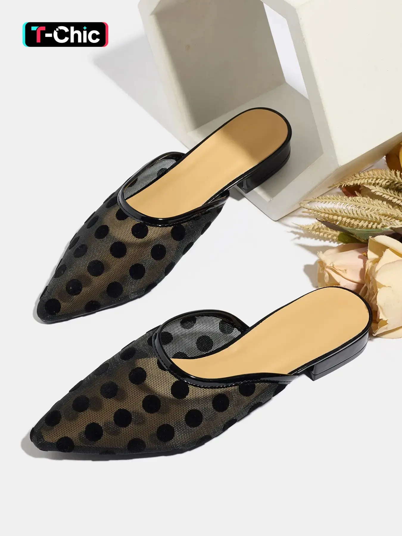 Women's Comfortable Short Heel Sandals, Summer Mesh Shoes, New Fashion Elegant Pointed Toe Slippers, Breathable Polka Dot Women's Shoes, Breathable Mesh Mules, Footwear, Polka Dot Pattern