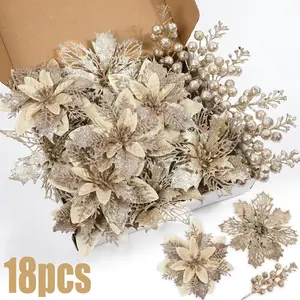 18pcs Serra Flora Champagne Color Glitter Berry Stem and Artificial Flowers, Christmas Tree Decorations, Wedding Bouquet, Home Vase Arrangement, Ornaments