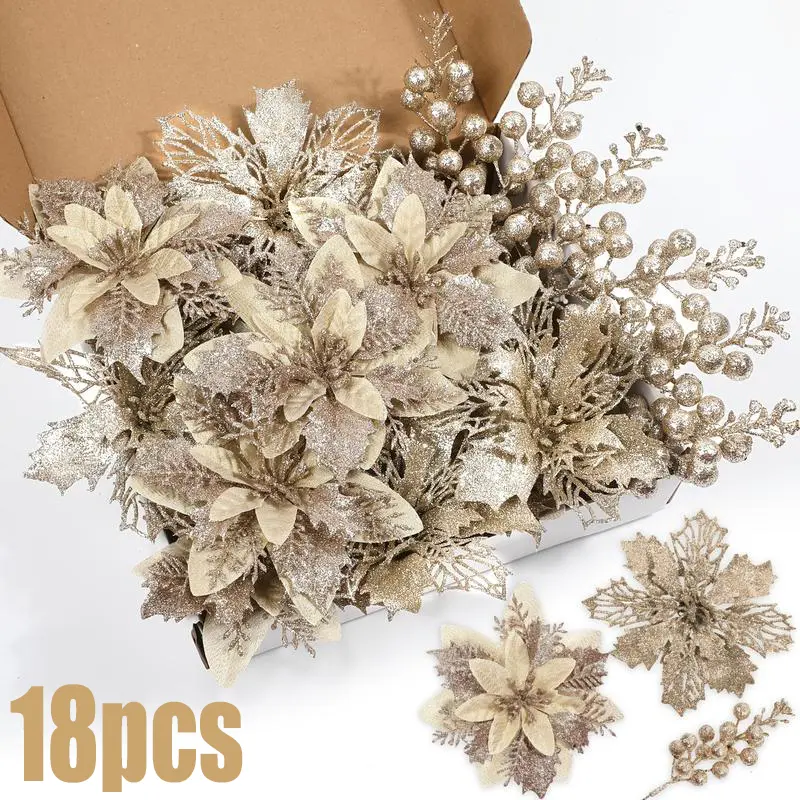18pcs Serra Flora Champagne Color Glitter Berry Stem and Artificial Flowers, Decorative Flowers, Christmas Tree Decorations, Wedding Bouquet, Home Vase Arrangement, Ornaments