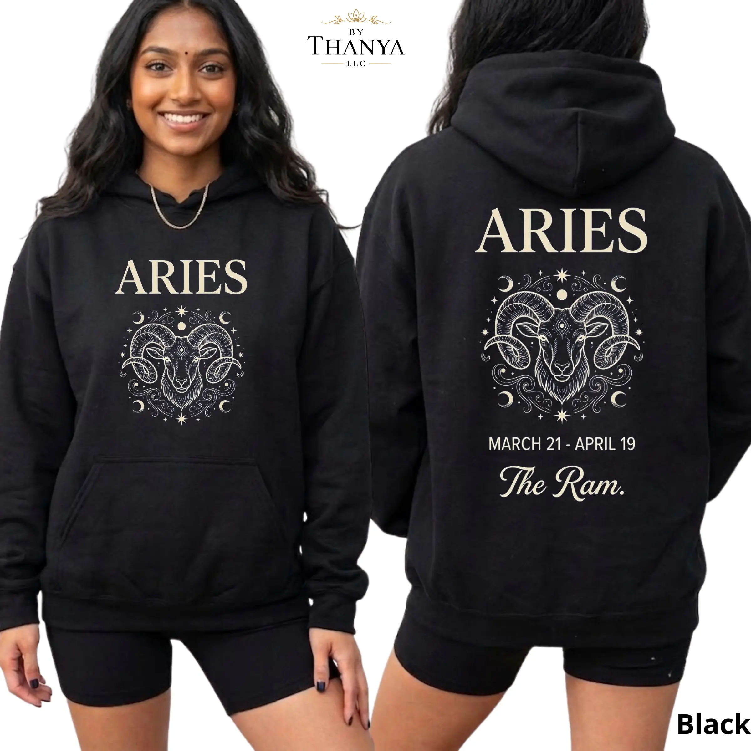 Aries Zodiac Hoodie, Astrology Ram Graphic Hooded Sweatshirt, Front and Back Print Horoscope Pullover, Aries Birthday Gift for Women Men - By Thanya LLC