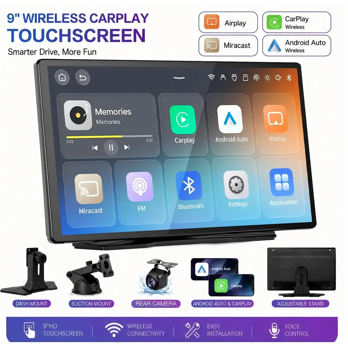 【YMQ Smart Drive】2026 Upgraded Wireless CarPlay Srceen: 9-inch IPS touchscreen and supports CarPlay, Android Auto, and Mirror Link(Simulcasting to TikTok and YouTube)/rearview camera/navigation functionality/and a voice assistant/user tutorial.