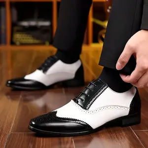 Men's Classic Business Casual Oxfords - Black & White Wingtip Design, Perforated Detailing, Rubber Sole, Perfect for Weddings, Parties & Formal Events