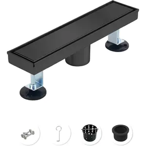 12 Inch Matte Black Linear Shower Drain, CUPC Certified 2-in-1 Tile Insert Cover, 304 Stainless Steel Trench Drain for Curbless Showers, Includes Hair Catcher & Adjustable