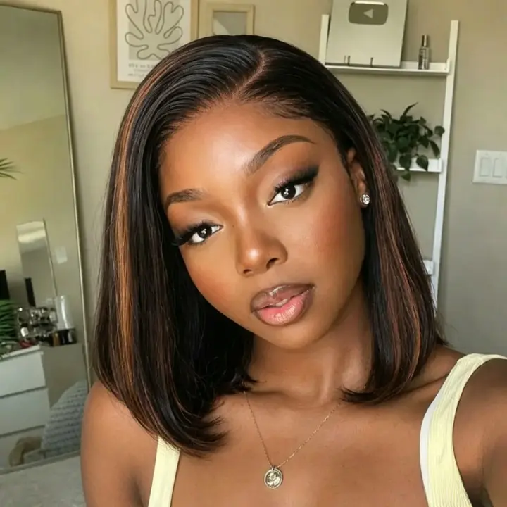 CindiRiver 5x5 HD Lace Glueless Bob Wig 100% Human Hair Wear & Go Straight Bob Wig 250% Density Pre Cut Pre Plucked Pre Bleached Highlight Brown 1B/30 & 4/27 with Drawstring Beginner Friendly for Black Women