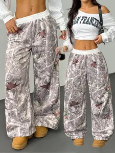 Women's Long Pants Maple Branch Leaf Pattern, Casual Loose Fit Natural Waist H-Type Stripes Design, All-Season Comfortable Daily Wear