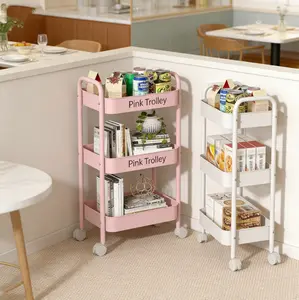 Three-Tier Multi-Purpose Metal Storage Cart with Casters—A sturdy storage cart made of durable metal, featuring two lockable casters. Ideal for the bathroom, kitchen, snacks, crafts, cosmetics, and baby supplies.