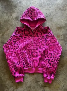 Men's Casual Hoodie and Sweatpants Set  Viral Pink Leopard Print Tracksuit Y2K Streetwear Two Piece Set