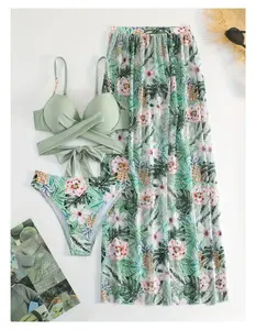 Women's 3 Piece Swimsuit Floral Bikini Set High Waist Bathing Suit with Cover Up, Sexy Push Up Padded Beachwear for Women Teen Girls