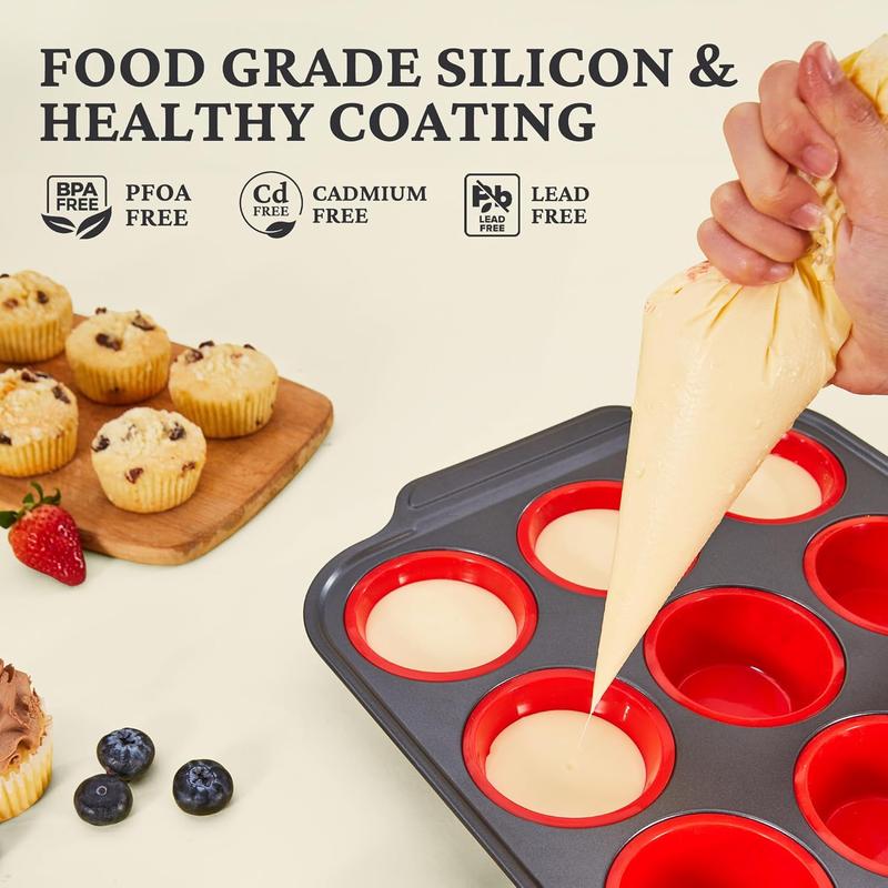 [BF&CM]BRONYPRO Silicone Molds Muffin Pan with Metal Frame, Nonstick 12-Cup Cupcake Pans,Easy to Pop Non-Toxic Bakeware for Oven,Cookware, Kitchen Food