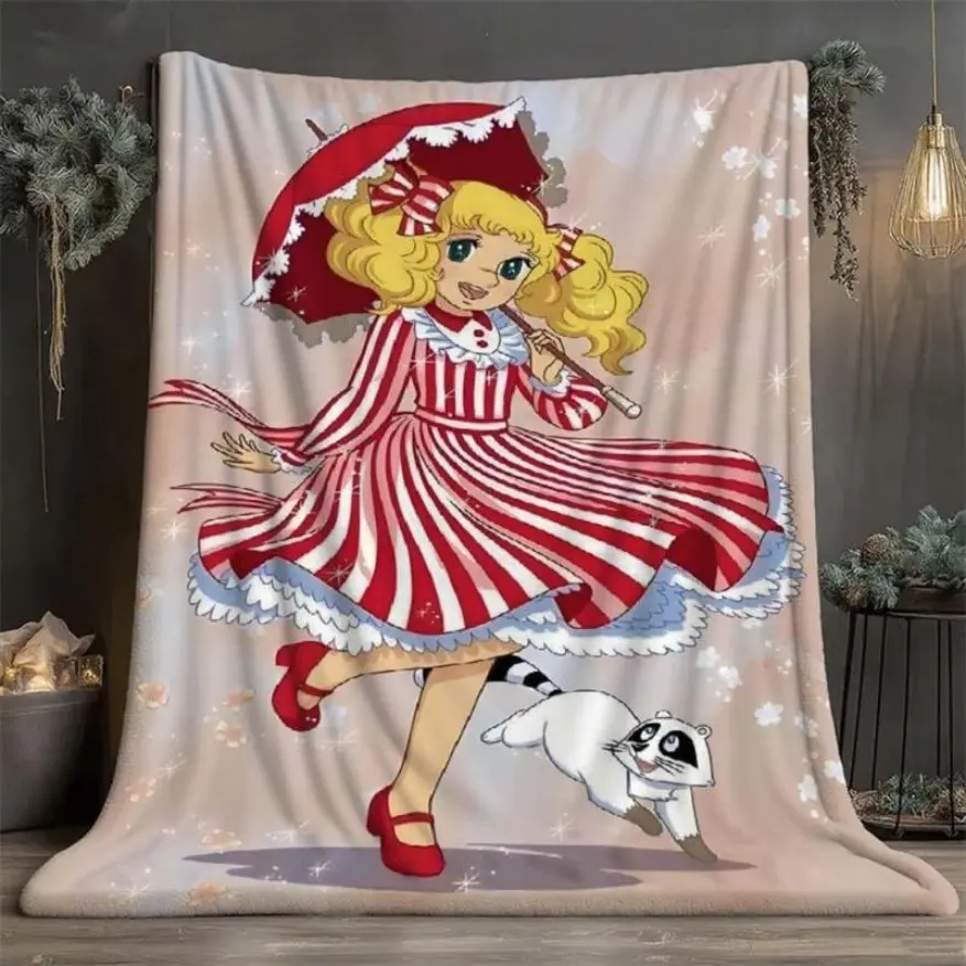 Candy Candy & White Cat Throw Blanket - Soft Flannel All-Season Bedspread With Retro 70s Anime Design, Red & White Striped Dress & Umbrella Pattern - Cozy Couch, Bed, Travel, Camping Blanket - Perfect Gift For Fans - Vibrant Candy Candy Character