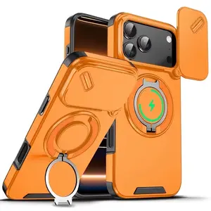 Suitable for iPhone 17, 16E, 15, 14Plus, 13, and 12 Pro Max Plus Air, with a sliding camera cover, 360 degree rotating circular tripod stand, military grade shock-absorbing cover, and multifunctional phone accessory protective case, Protection