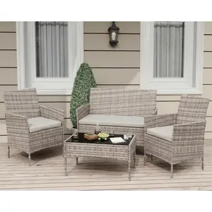 GAOMON 4-Piece Patio Furniture Set, Rattan Outdoor Furniture with Upholstered Sofa, 2 Chairs & Coffee Table, Modern Conversation Bistro Set for Garden Backyard Porch (Grey)