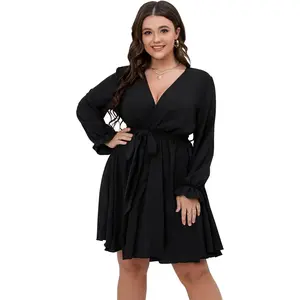 SCOMCHIC Women's Plus Size Long Sleeve Wrap V Neck Tie Waist A Line Mini Short Dress