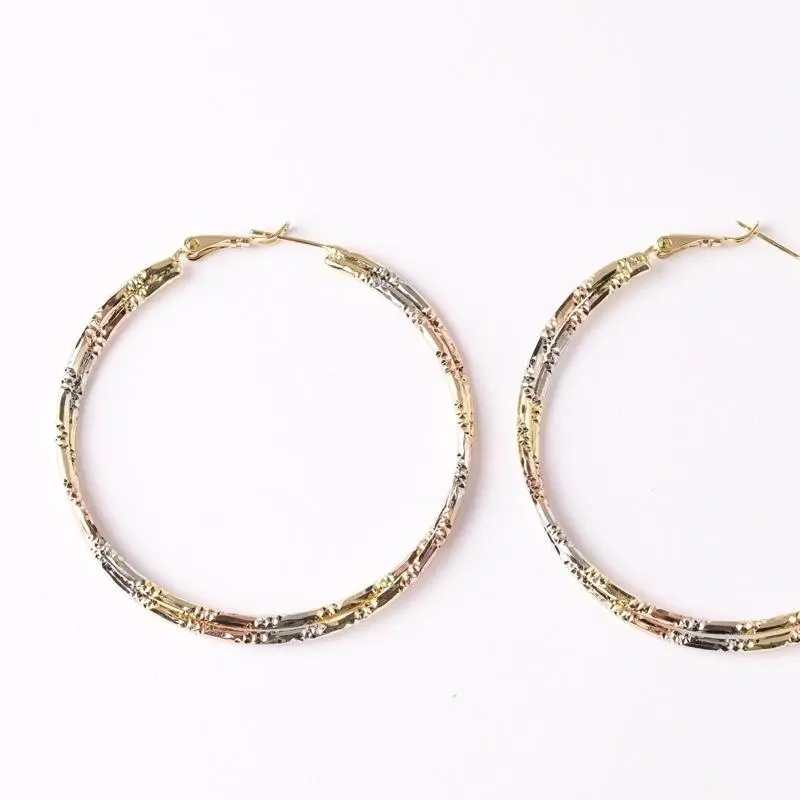 Extra Large 3-Tone 55mm Hoop Earrings | 14K Gold Plated Diamond Cut Statement Hoops
