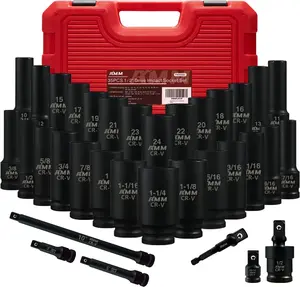 AMM 1/2" Drive Deep Impact Socket Set, 35-Piece Socket set SAE 3/8 to 1-1/4 inch and Metric 10-24mm Size, Includes Extension Bars, Universal Joint and Adapter, 6 Point Design,Cr-V steel