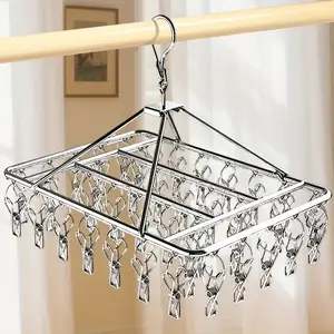Stainless Steel Clothes Drying Rack with 40 Clips, Windproof Hook for Delicate Clothing, Home & Retail Display Stand