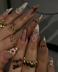 Luxury Gothic Press On Nails | Luxury Red and Gold French Tip Fake Nails | Red and Gold Romantic Nail Art | 3D Romantic Nail Art