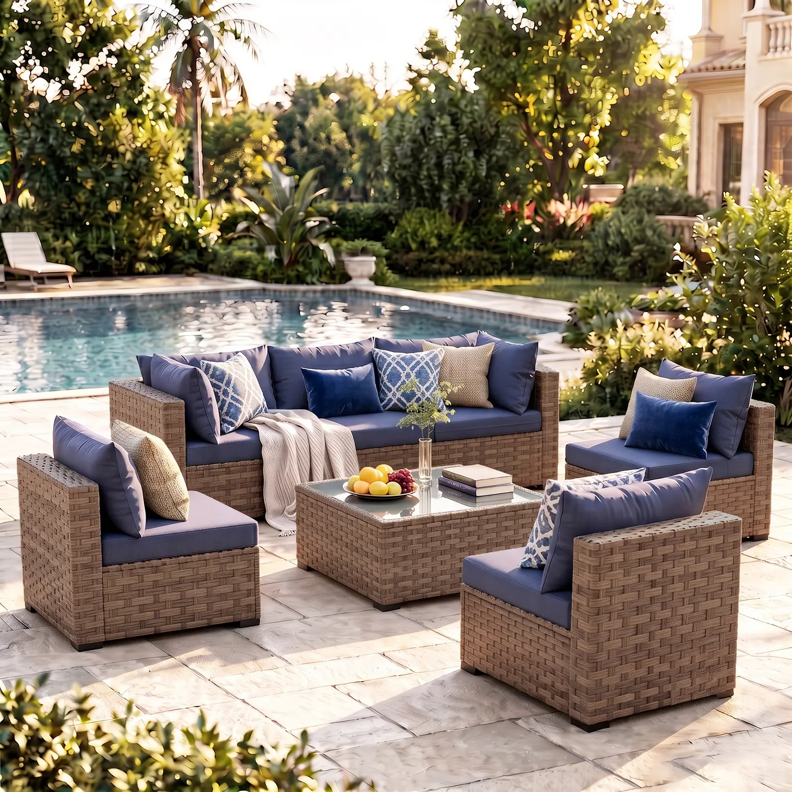 GASEE 7-Piece Rattan Patio Furniture Set - Cushioned Deep Seating Sectional Sofa, Waterproof Coffee Table with Blue Cushions, Requires Assembly, for Garden Backyard Modern Home Decor
