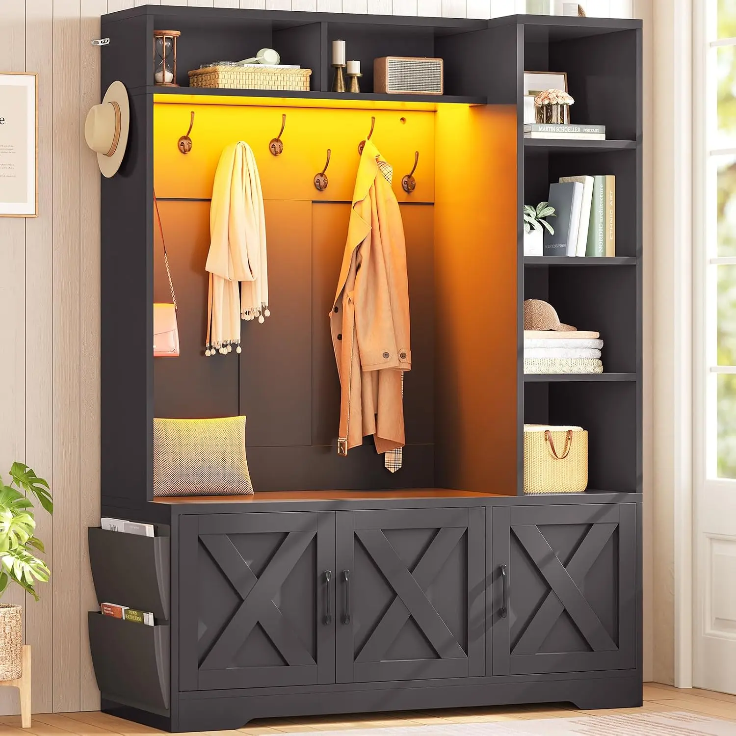 Itaar Hall Tree with Bench and Shoe Storage, Farmhouse Entryway Bench with Coat Rack, Shoe Cabinet with Adjustable Shelves, 6 Storage Cubbies, 10 Coat Hooks, Storage Bag, Led Lights