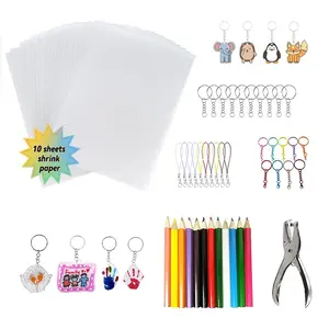 10 Sheets A4 Shrink Paper Kit, Includes Puncher, Colored Pencils, Chains, Lobster Clasps, Ideal for Crafts, Keychains, Jewelry, Holidays