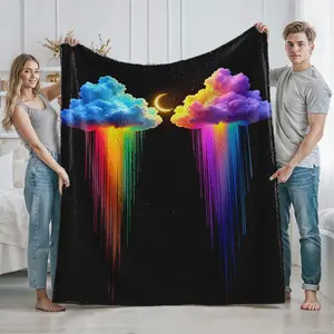 Rainbow Clouds Blanket with Crescent Moon Design  Cozy Home Decor Throw for Living Room and Bedroom  Perfect Gift for Housewarming  Christmas  Thanksgiving  Ideal for Couples  Adults  and Art Lovers Seeking Vibran