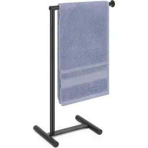L-Shape Hand Towel Holder Stand, Metal Hand Towel Rack Modern Countertop Hand Towel Ring Standing Towel Bar for Bathroom Kitchen Vanity (Black)