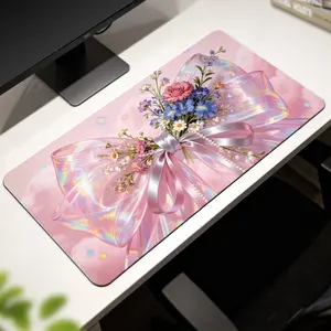 Premium Iridescent Pink Ribbon With Colorful Flower Bouquet And Pearl Decoration Illustration High Quality Mouse Pad Modern Office Gaming Comfort Experience Non?Slip Durable For Daily Work And Play  40*80 Size.