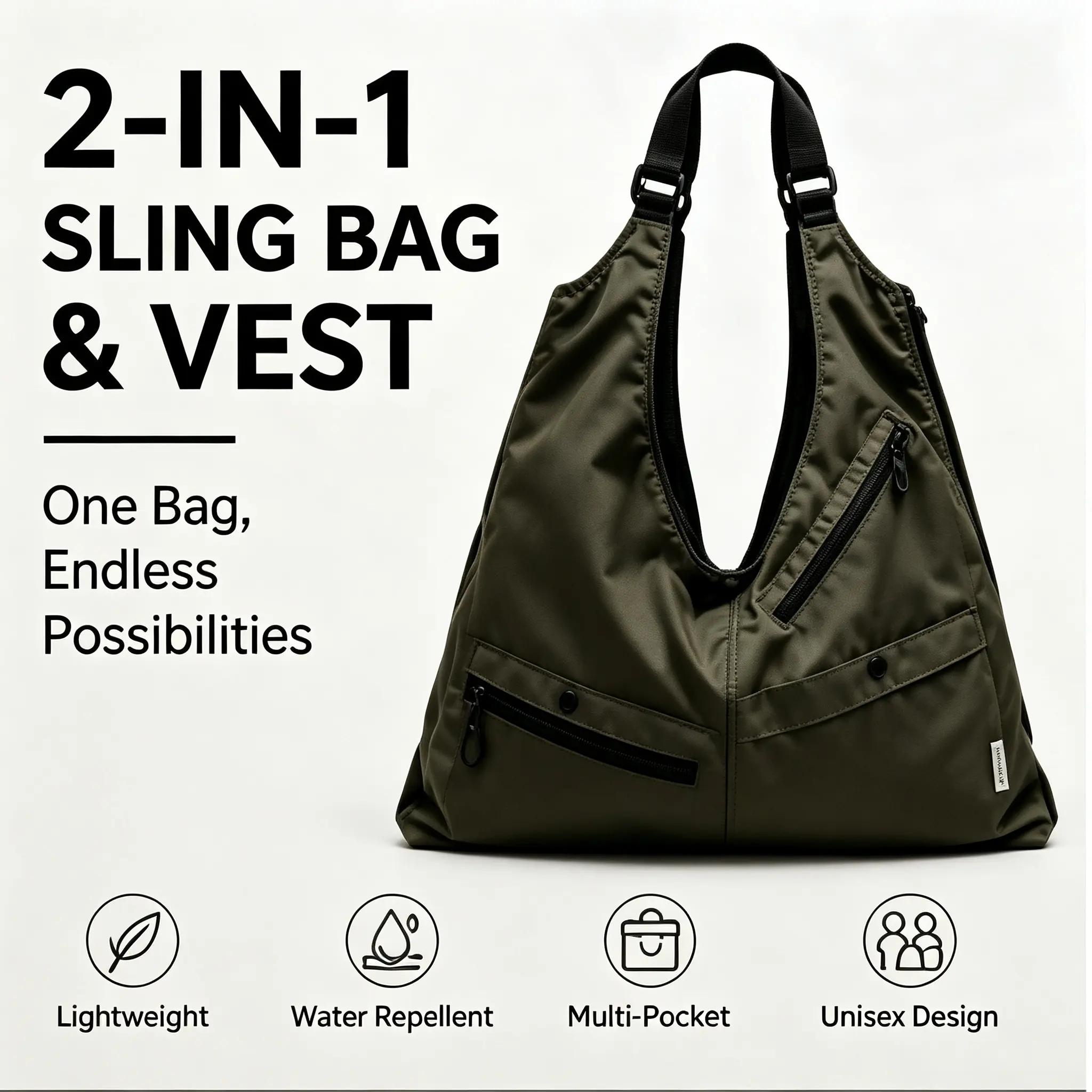 2 In 1 Convertible Vest Tote Bag, Lightweight Water Resistant Nylon Crossbody Purse, Multi Zipper Pockets Large Commuter Bag, Adjustable Strap Daypack for Travel School Outdoor, Unisex Carry All Bag Fits Laptop Daily Gear Solid Color Braid Design