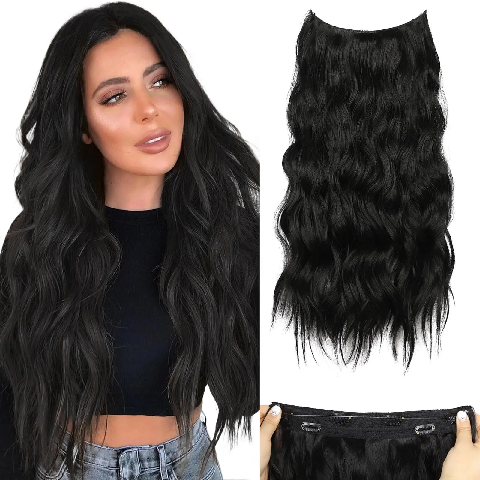 Vigorous Women's 20-Inch Long Wavy Synthetic Hair Extensions, Invisible Wire Hairpieces with Transparent Adjustable Headband, Secure Clip Hair Extensions, Invisible Wire Hair