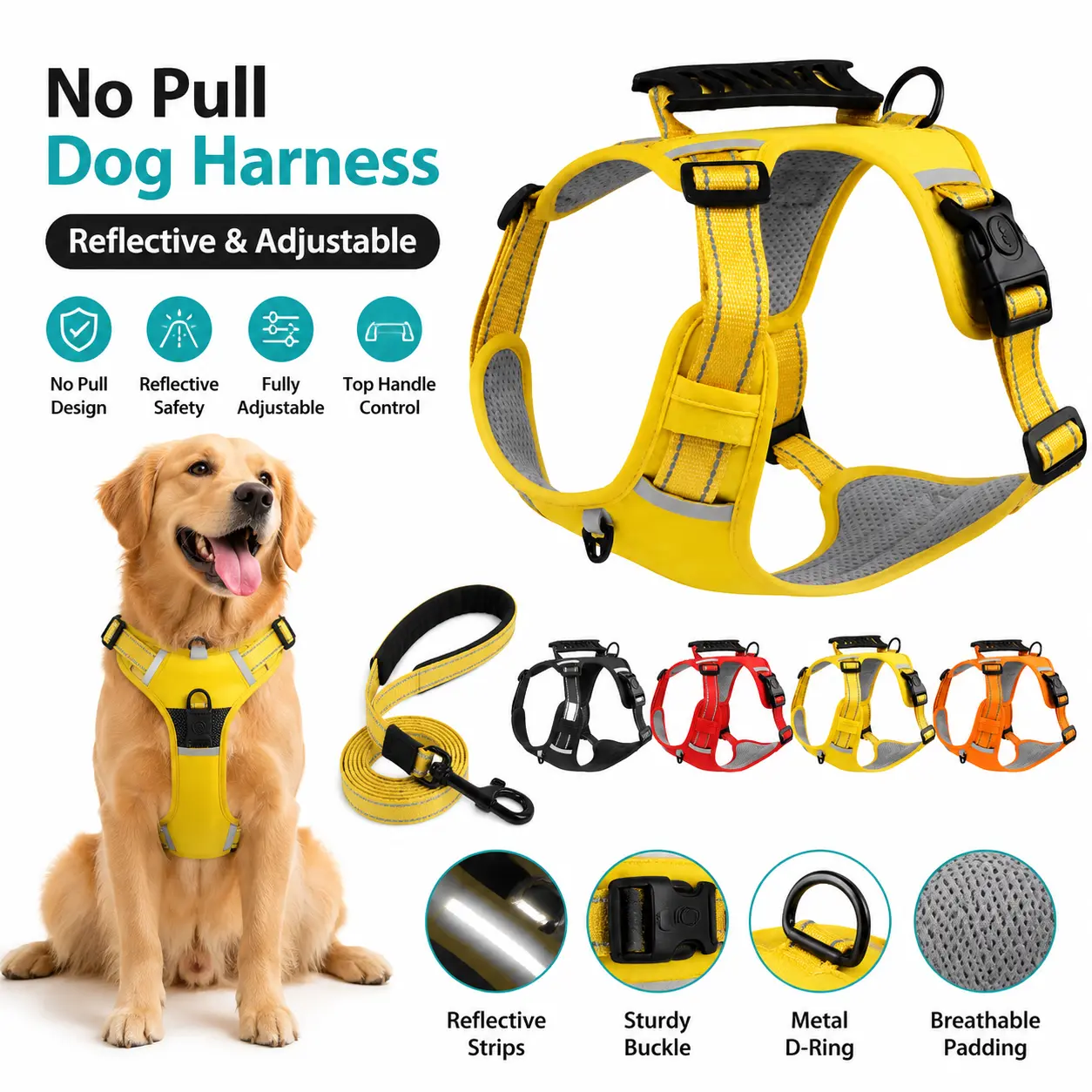 New Reflective No-Pull Dog Vest Harness & Leash Set – Adjustable, Comfortable, Anti-Pull Walking Kit