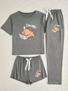 Women's Three-Piece Sleepwear Set, Cartoon Cat Print, Fitted Casual Style, All-Season Wear, Comfortable Nightwear, Pajama Set