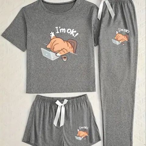 Women's Three-Piece Sleepwear Set, Printed Sleepwear Set, Cartoon Cat Print, Fitted Casual Style, All-Season Wear, Comfortable Nightwear, Pajama Set