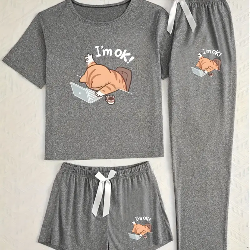Women's Three-Piece Sleepwear Set, Printed Sleepwear Set, Cartoon Cat Print, Fitted Casual Style, All-Season Wear, Comfortable Nightwear, Pajama Set