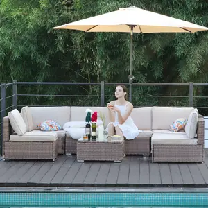 NAGA BAHNA Patio Furniture Set - 7 Pieces Outdoor Sectional Conversation Set with PE Wicker Rattan Sofa Set and Anti-Slip Turquoise Cushions