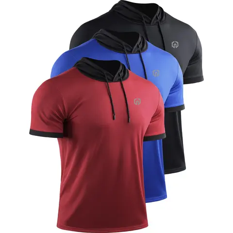 Neleus Male Color Contrast Hoodie - 100% Polyester Breathable Quick-Dry Mesh, Adjustable Hood, Moisture Wicking Short Sleeve Sports Top, Athletic Outfits, High Performance Activewear