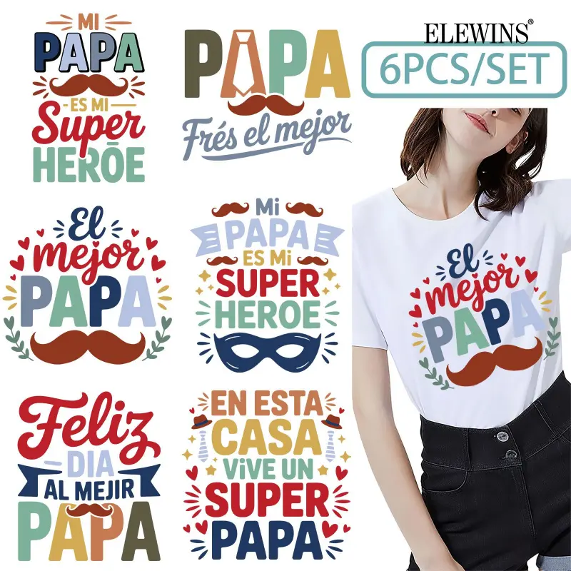 6PCS Spanish Proverbs Father's Day Gold Heat Transfer DTF Film DIY Craft Supplies DIY Products for T-shirts Hoodies Jeans Backpacks Pillows Machine Washable Unisex Plastic Transfer Paper