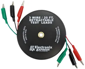3 Wire 20 Foot Retractable Test Leads, Red / Black / Green 18 Gauge Wire with Alligator Clips on each End for Electrical Troubleshooting Cars / Boats