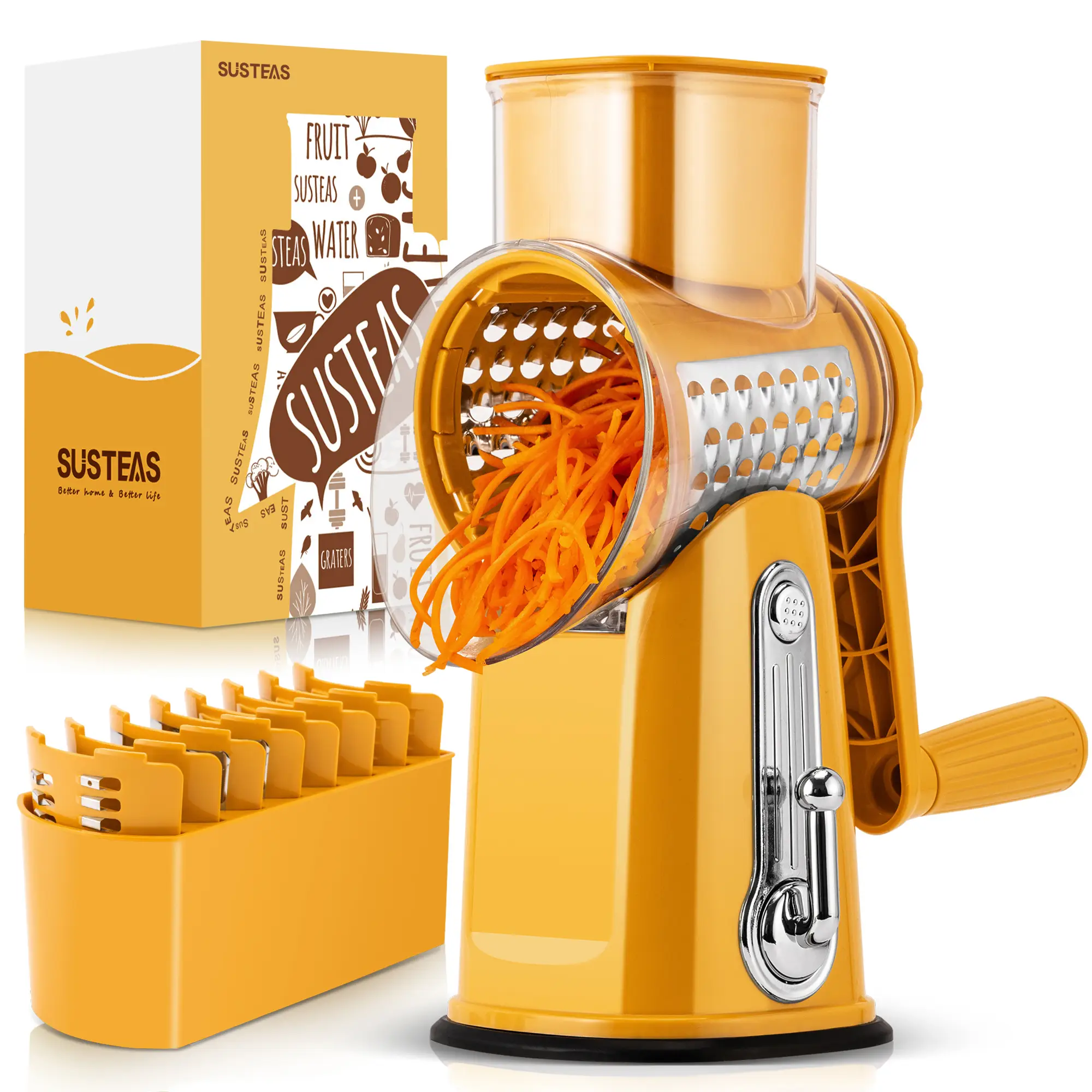 SUSTEAS Rotary Cheese Grater with Handle - 5 Blades, Suction Base, Mandoline & Vegetable Grater - Includes Storage Box Kitchen Utensils