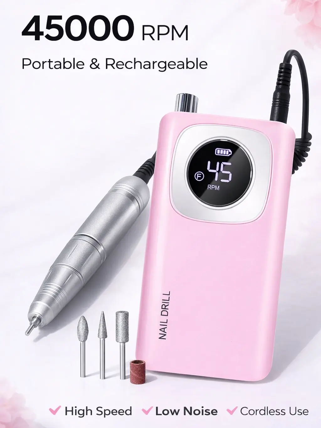 Professional Cordless Nail File Kit, 45000 RPM Lightweight Compact Aluminium E-File with LCD Display, Rechargeable Smooth Manicure Tool for Polishing Acrylic & Gel Nails