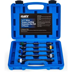 1/2" Drive Torque Limiting Extension Bar Set, 5pc Torque Extension Set with 8 Inch Torque Sticks for Locking Lug Nuts with 65-140 ft-lb Force, Impact Torque Limiter Set and Carry Case