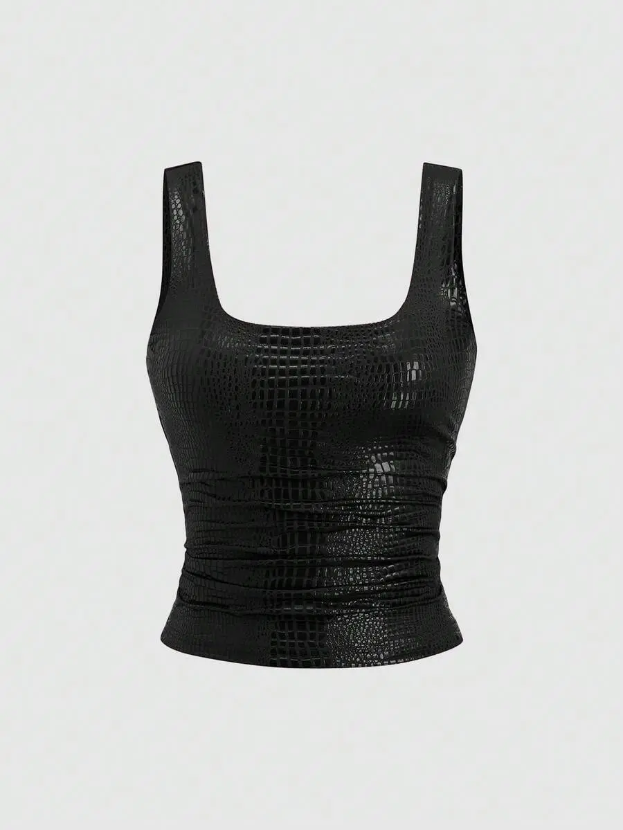 Sweetra Stylish Crocodile Embossed PU Black Leather Tank Top, Chic Club Summer Sleeveless Bodycon Faux Leather Top For Party Street Commute Daily Wear