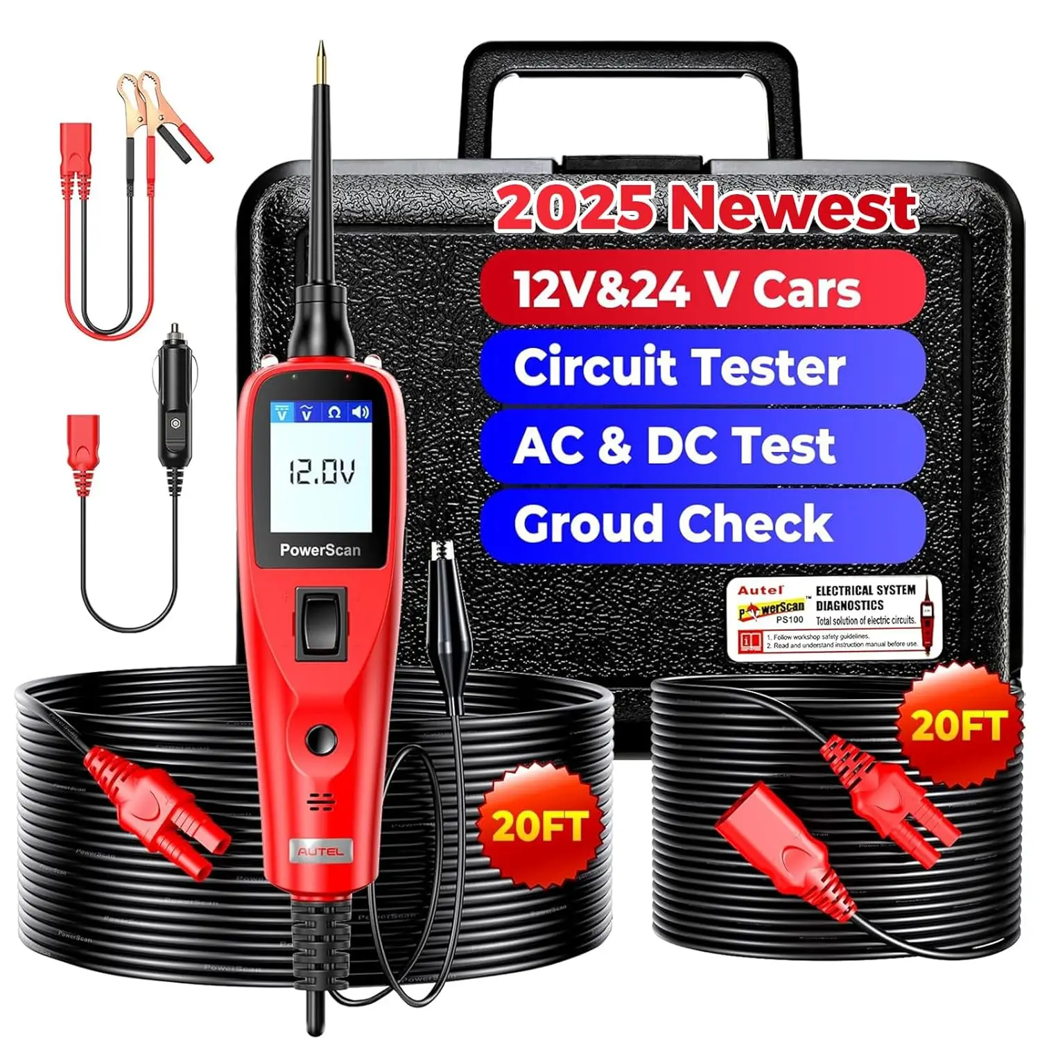 Autel PowerScan PS100 Circuit Tester 12V 24V Automotive Power Circuit Probe Kit Read AC DC Voltage Resistance PS100, for Frequency/Duty Cycle/Voltage