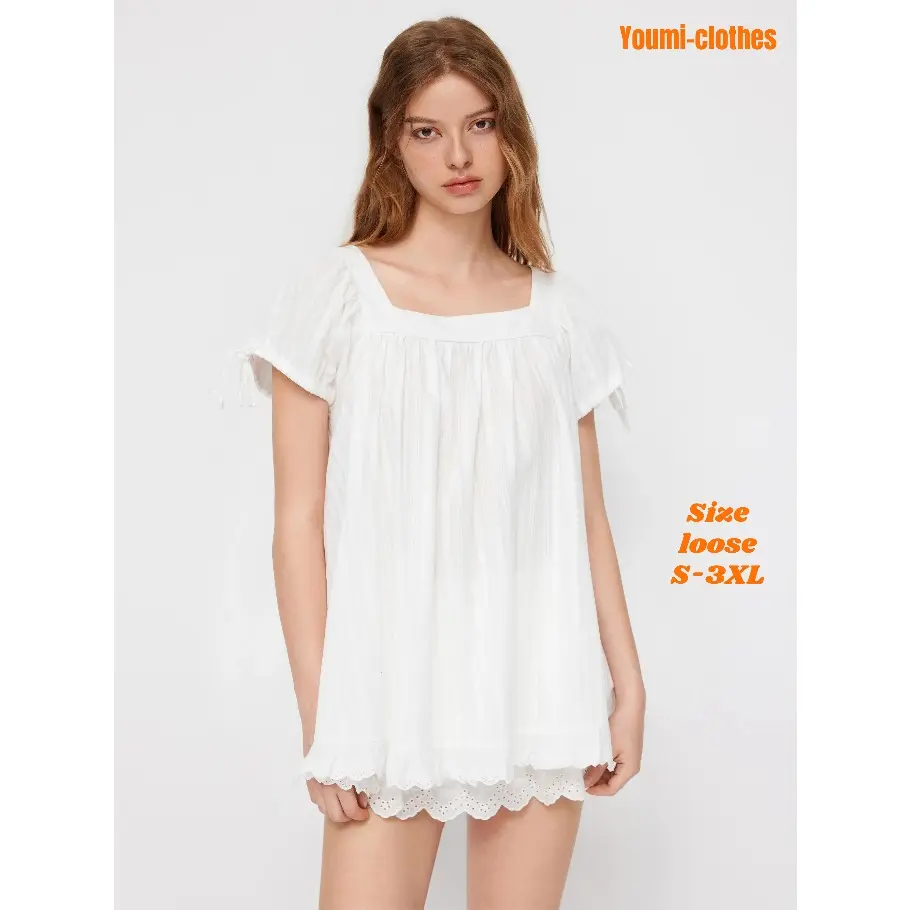 Square Neck Solid Ruffle Knotted Short Sleeve Blouse Casual Summer Top with Puff Sleeves and Fitted Fit Soft Cozy Warm Lightweight Womenswear Loose Loose Shirts Style Basic Minimalist Shortsleeve
