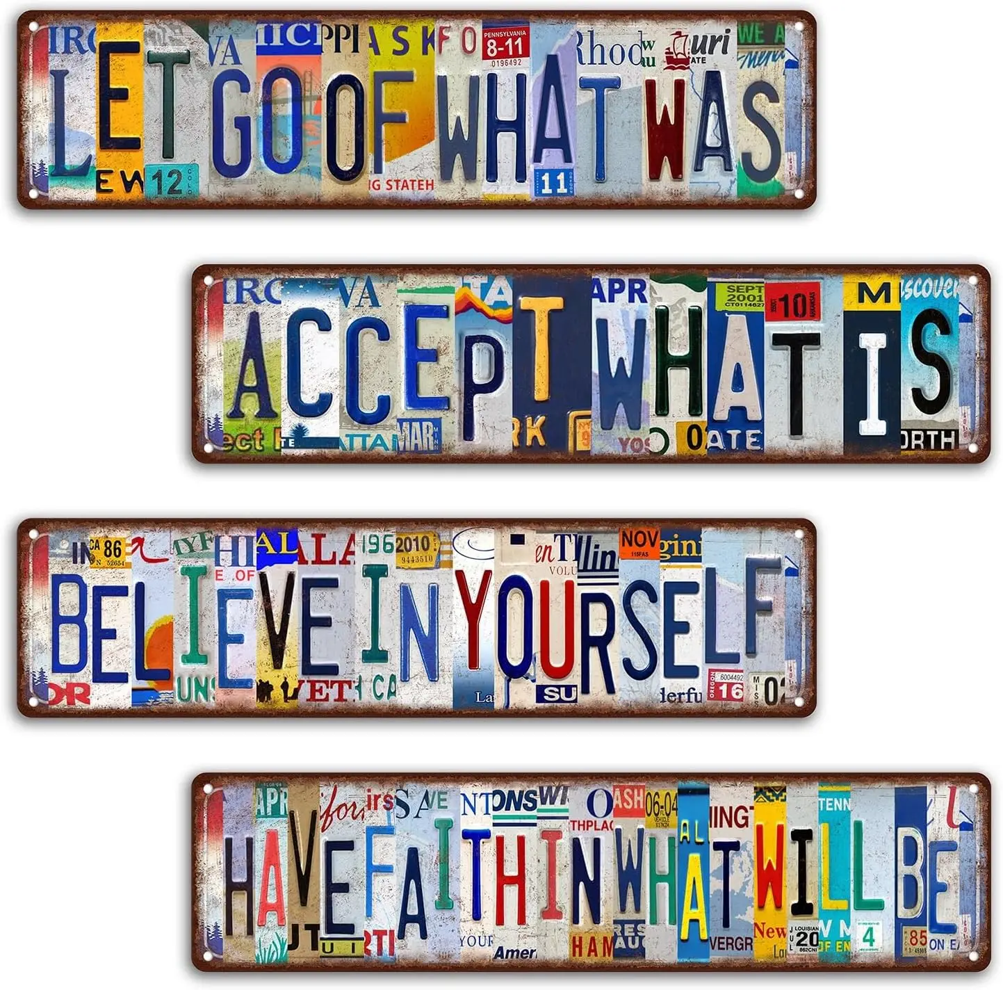 4-Piece Vintage Hanging Aluminum Metal Wall Decor Plaques - Pre-Drilled Holes, Modest Look, Inspirational Street Signs with Messages: Accept What Is, Believe In Yourself, Have Faith In What Will Be, Let Go Of What Was