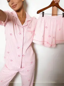 Women's Sleepwear Three-Piece Set, Pajama, Short Sleeve + Shorts + Long Pants, Striped Bow Full Print, Casual Home Wear, Loungewear