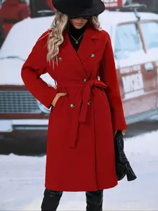 Women's Fall Winter Wool Blend Lapel Button Front Belted Coat, Casual Long Sleeve Fitted Outerwear, Solid Plain Style Jacket for Ladies