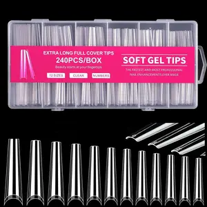 Extra Rectangular Coffin French False Nails, 240pcs/set 12 Sizes Half Coverage Gel False Nails, Glossy Finish Clear Solid Color for Nail Art / Extension, False Nail Tips