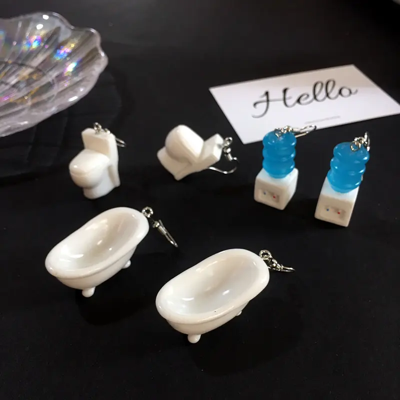 Miniature Toilet Bathtub Dangle Earrings for Women, Quirky 3D Water Dispenser Drop Earrings, Funny Novelty Gag Jewelry, Pierced & Clip on Available