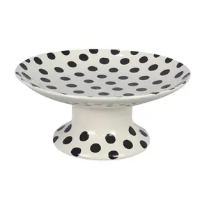 Young's Inc Stoneware Black & White Polka Dot Pedestal Plate