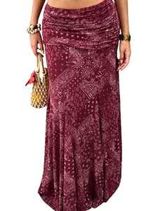 Boho Aesthetic Bandana Print Maxi Skirt for Women - Wine Red Fold Over Waist Mesh Bodycon Skirt Y2K Stretchy Flowy Long Skirt Versatile Summer Outfit for Beach Vacation, Spring Break  Music Festivals